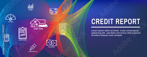 Credit Score Icon Set and Web Header Banner -Chart or Pie Graph w Realistic Credit Card