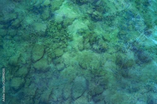Top view of sea surface with coral and small rock