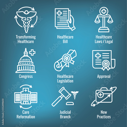 Health Laws and Legal icon set depicting various aspects of the legal system