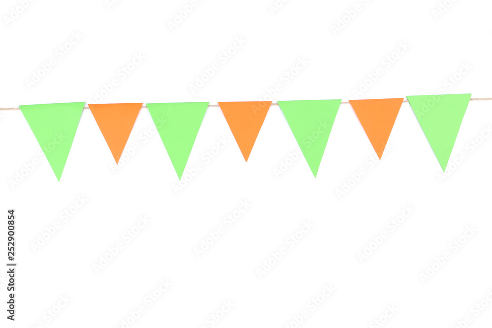 Colorful paper flags hanging on white background Colorful paper flags hanging on white background