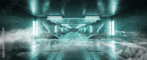 Smoke Ice Blue Futuristic Triangle Alien Spaceship Neon Glowing Dark Long Big Hall Corridor Tunnel Grunge Concrete Reflective Tiled Floor Gates Empty Space 3D Rendering