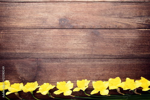 Yellow narcissus flowers on brown wooden table