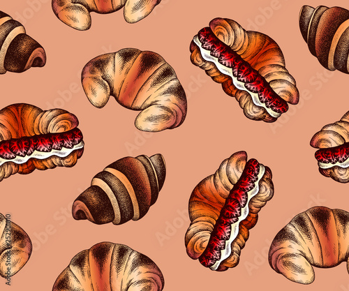 Wallpaper Mural Illustration of hand drawn pattern with sketch croissants. Croissant with filling , strawberry, cream. Wallpaper, background for dessert menu, bakery, cafe, pastry shop, restaurant. Sweet tasty food. Torontodigital.ca