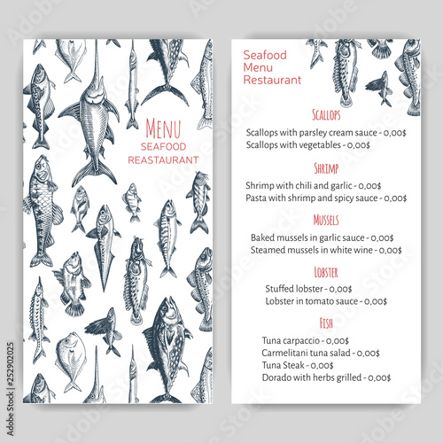 Vector illustration sketch - seafood. Card Menu restaurant. vintage design template, banner