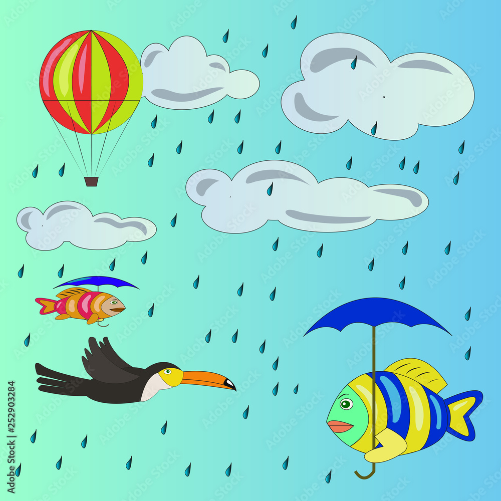 baby fantasy flying fish in the sky bird balloon Stock Vector
