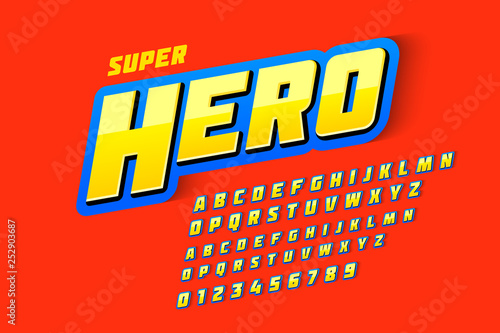 Comics style font, super hero, upper and lowercase alphabet letters and numbers