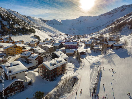 Adorable Ski Village in Malbun, Liechtenstein Near Switzerland, Swiss Central Alps - Aerial View photo