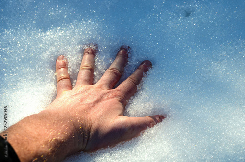 Male hand in melting snow, concept of warming and the onset of spring