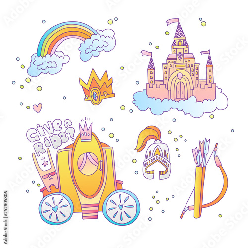 Cute cartoon magic princess icon collection. Icon princess set with princess castle, rainbow, brougham, royal crown and medieval armour. Princesses magical icons