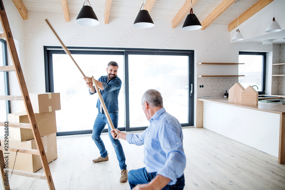 Two men having fun when furnishing new house, a new home concept. Two men having fun when furnishing new house, a new home concept.