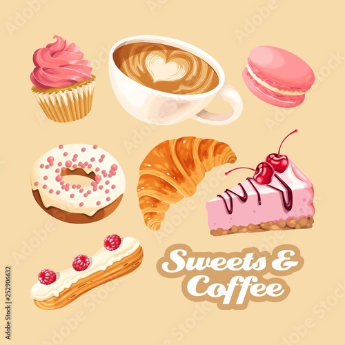 Vector set of coffee and different sweets