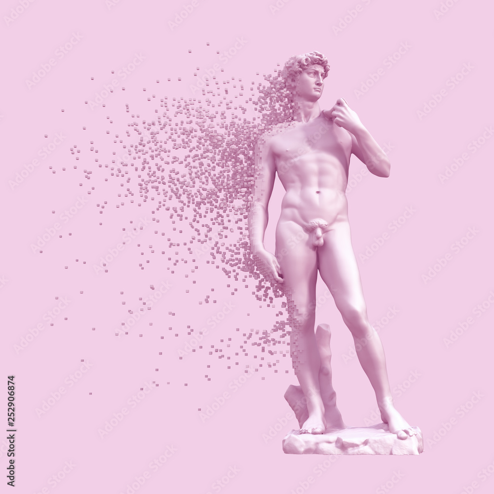 Digital Disintegration Of Sculpture David On Purple Background