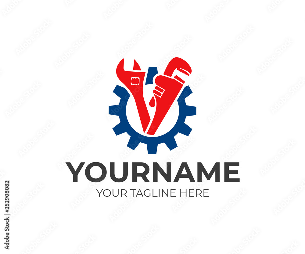 Plumbing service, gear, adjustable wrench and pipe wrench, logo design. Engineering, heavy industry and mechanical engineering, vector design and illustration Plumbing service, gear, adjustable wrench and pipe wrench, logo design. Engineering, heavy industry and mechanical engineering, vector design and illustration