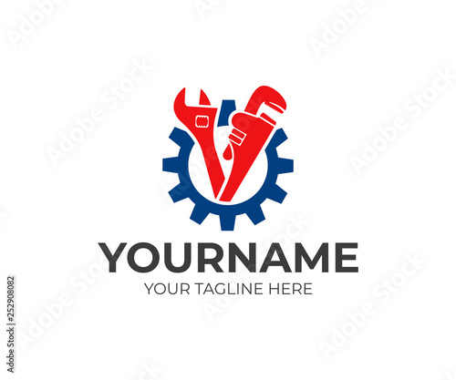 Plumbing service, gear, adjustable wrench and pipe wrench, logo design. Engineering, heavy industry and mechanical engineering, vector design and illustration