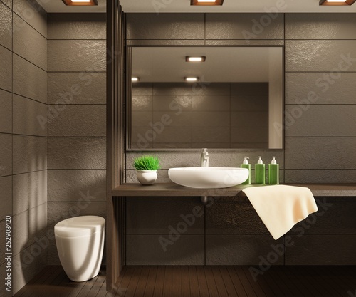 Bathroom interior with mirror and white sink. 3D rendering.