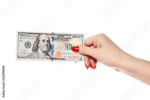 Foto Perfect women hand hold one hundred dollars isolated on white background