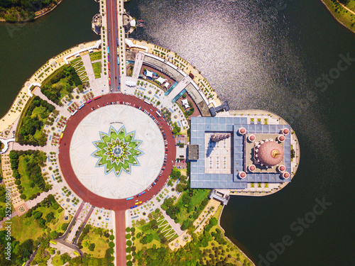 Photography Aerial view of Putra mosque with garden landscape design and Putrajaya Lake, Putrajaya