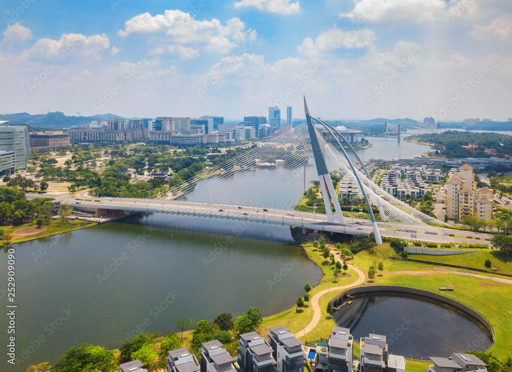 Samolepka Seri Wawasan Bridge or Putra Bridge and Putrajaya Lake with blue sky