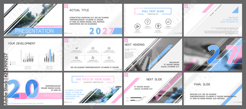 Template for business presentations. Pink and blue diagonal stripes on a white background. Multipurpose slide, Infographics, cover, report, advertisement, text, numbers, brochure, marketing and banner