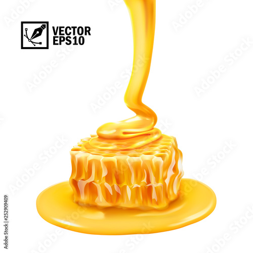 3d realistic vector isolated liquid honey flows on honeycomb slice in honey puddle