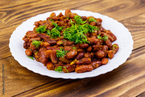 Traditional georgian kidney beans dish lobio on wooden table