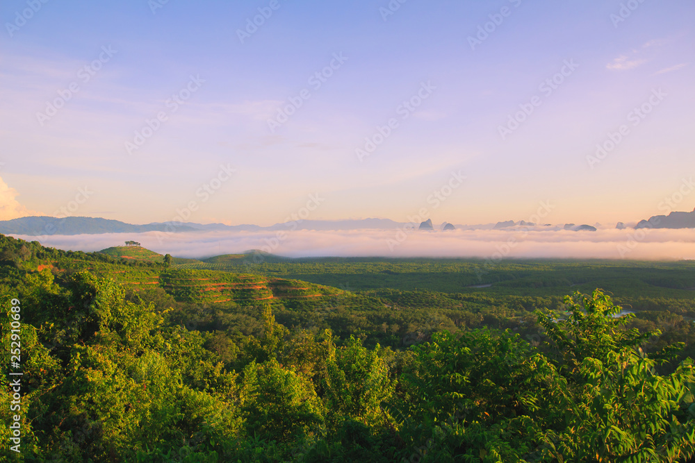 Morning light tour with mountains near the sea, Samed Nang Chee viewpoint tropical zone in Phang Nga Thailand.