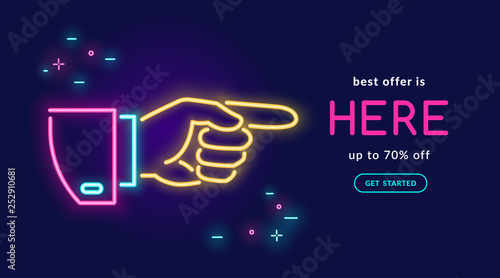 Human hand pointing finger in neon light style with text best offer is here on dark purple background