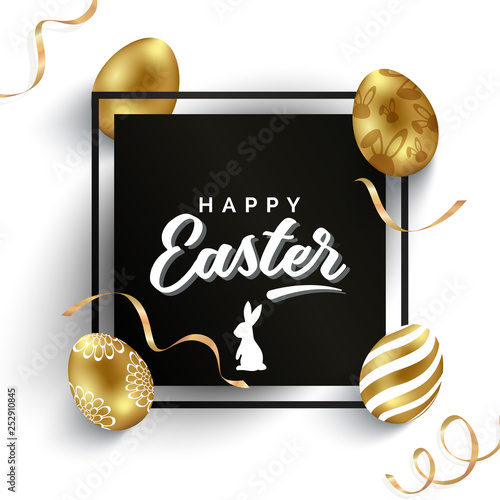 Easter card with paper cut black frame, golden eggs, silhouette rabbit on white background. Place for your text