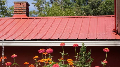 Red metal house roof