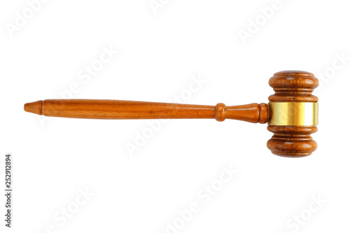 Judge's wooden gavel isolated on white background.