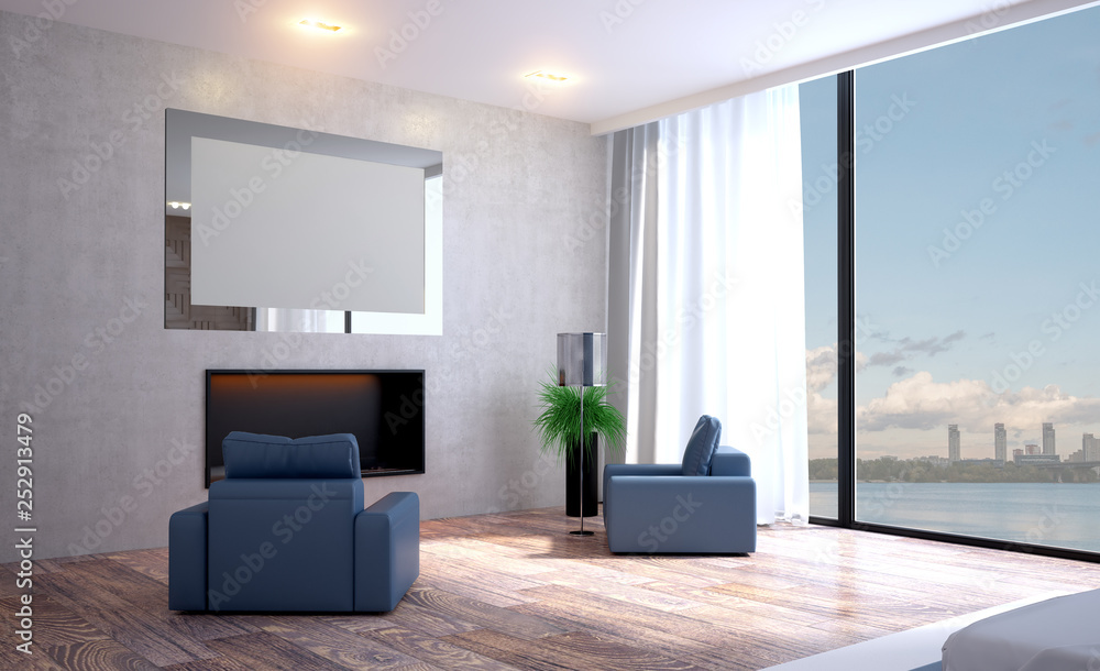 Fototapeta premium Modern grey bedroom interior. 3D rendering. Blank paintings
