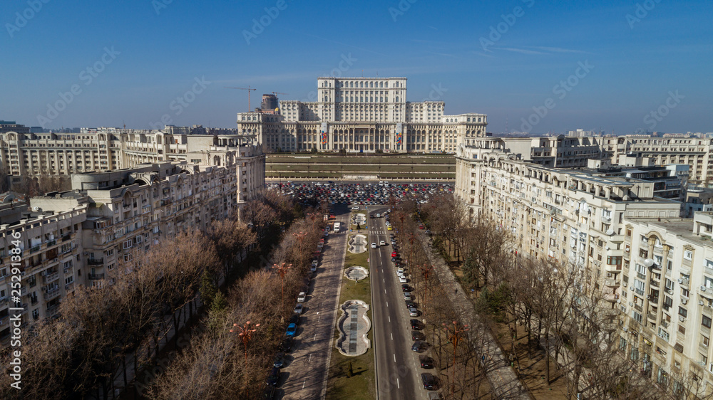 Aerial cityscape with a busy boulevard in Bucharest on a sunny day