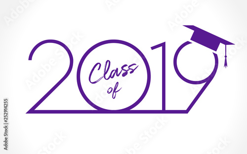 Class of 20 19 year graduation banner, awards concept. T-shirt idea, holiday blue and violet invitation embem in minimalism style. Isolated abstract graphic design template on white background. photo