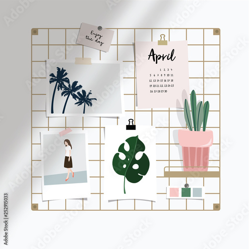 Iron mesh mood board mockup illustration. Artistic workspace still life with various taped pictures, paper cards, calendar and succulent plant in pot. Office interior. Shadow overlay. Flat vector.
