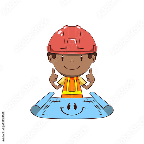 Architect, little boy thumbs up showing smiling blueprint 