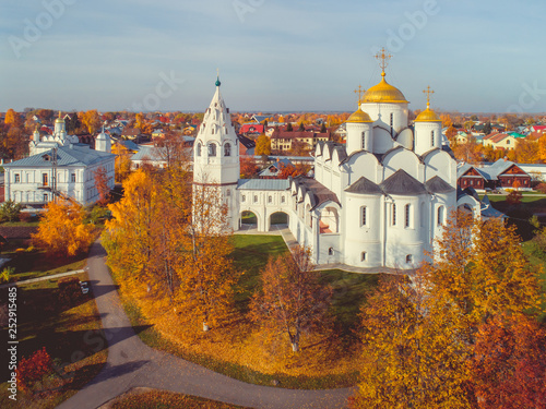 Golden domes of Suzdal Pokrovsky Cathedral in the fall. Suzdal is part of the tourist route called the Golden Ring of Russia.