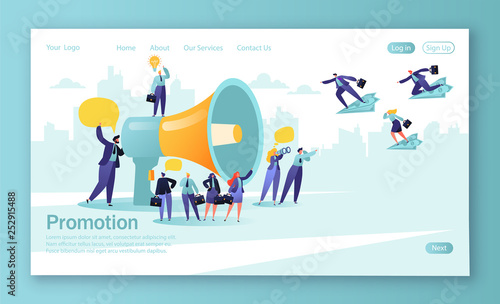 Concept of landing page for mobile website development and web page design. Promoter speaks in big megaphone and attracts buyers of investors and businessmen. Concept of advertisement, marketing.