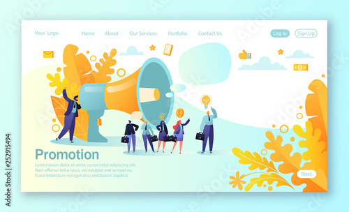 Concept of landing page for mobile website development and web page design. Concept of advertisement, marketing, promotion. Loudspeaker talking to the crowd. Business people listen to the announcement