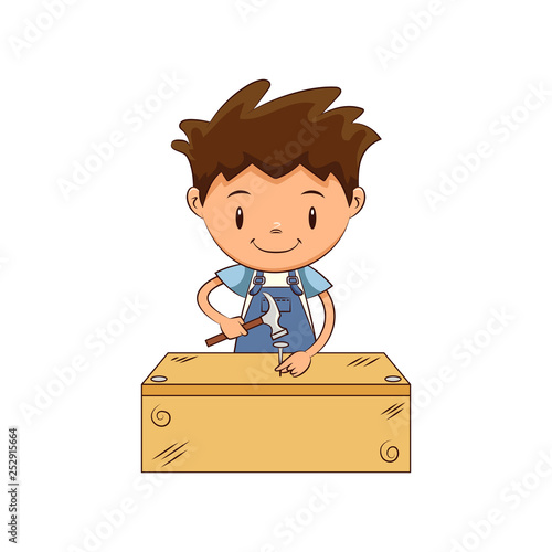 Carpenter, child hammering nail