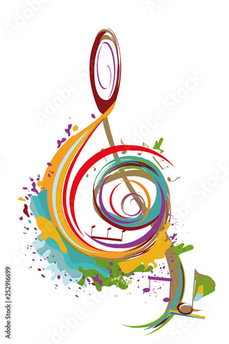 Abstract musical design with a treble clef and colorful splashes and waves. Hand drawn vector illustration.