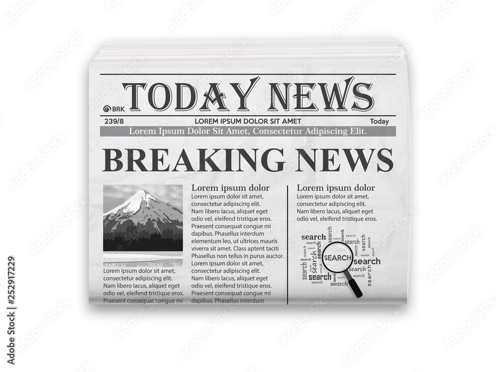 Realistic vector illustration of black and white newspaper layout