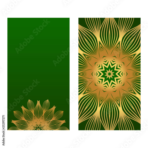 Invitation Or Card Template With Floral Mandala Pattern. For Wedding, Greeting Cards, Birthday Invitation. The Front And Rear Side. Vector Illustration. Green gold color