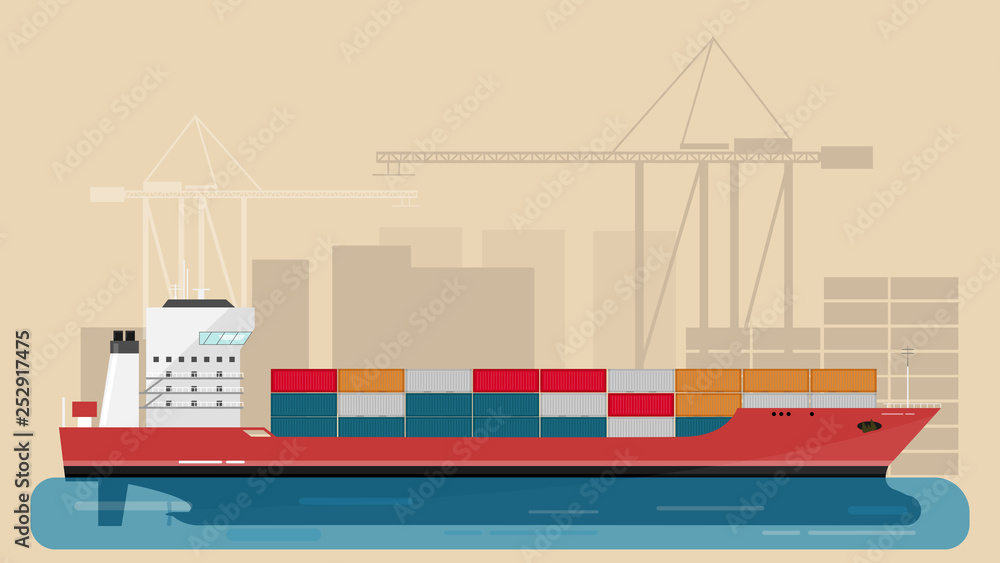 Obraz premium Cargo Sea Port with Cargo Freight Ship and Harbour Port Cranes and City Elements. Vector Illustration.