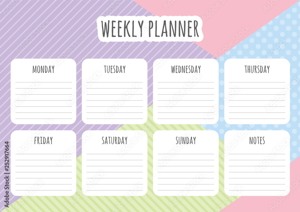 Weekly planner template with daily plans and notes on abstract geometrical background. Vector Weekly planner template with daily plans and notes on abstract geometrical background. Vector