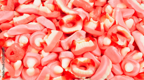 Pink vampire gummy candies. Top view. Jelly  sweets.