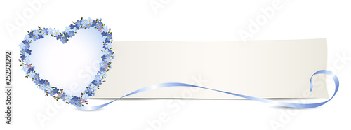 Herz aus Vergissmeinnicht Blumen, Banner mit blanko Papierblatt, nostalgische Karte, Vektor Illustration isoliert auf weißem Hintergrund