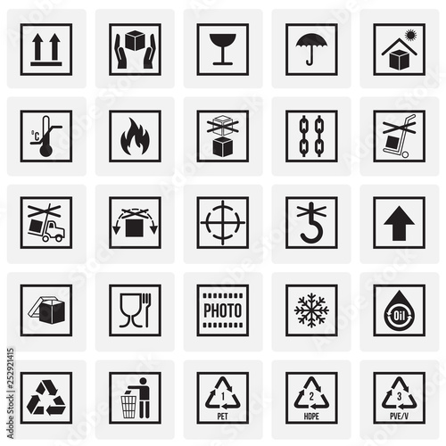 Packaging symbol icons on squares background for graphic and web design. Simple vector sign. Internet concept symbol for website button or mobile app.