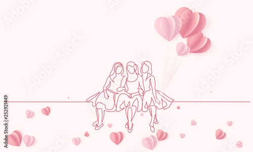 Friends girls sitting together one line drawing