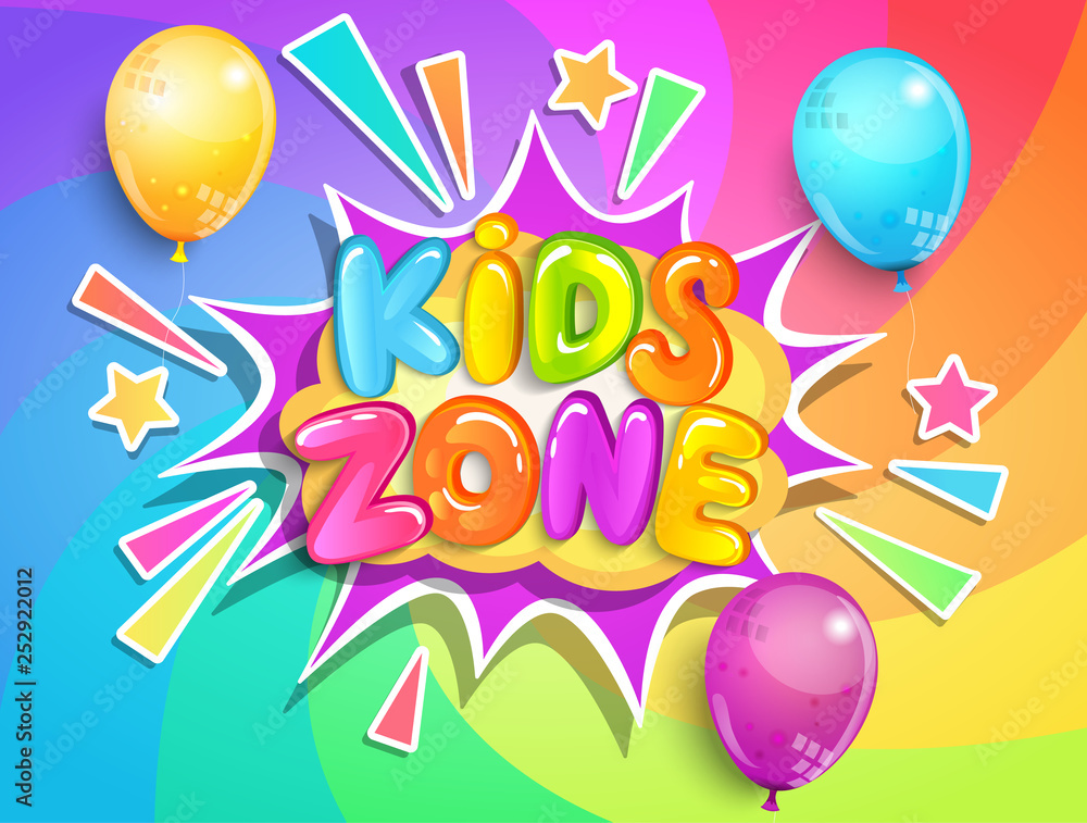 Kids zone banner with balloons on rainbow spiral background in cartoon style.Place for fun and play,kids game room for birthday party.Poster for children's playroom decoration.Vector illustration. Kids zone banner with balloons on rainbow spiral background in cartoon style.Place for fun and play,kids game room for birthday party.Poster for children's playroom decoration.Vector illustration.