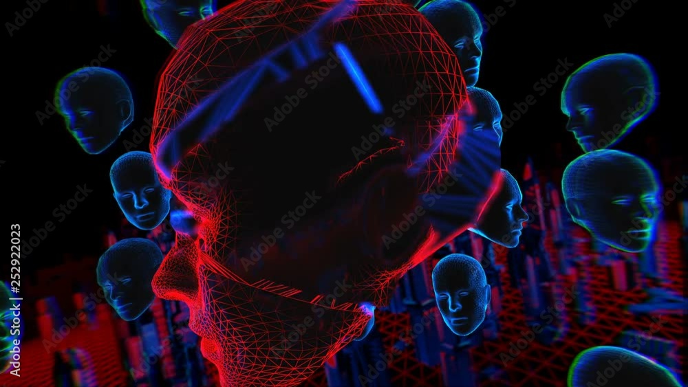 Geometric laser landscape with human broken face in a tunnel. Seamless neon retro futuristic animation with shallow depth of field.